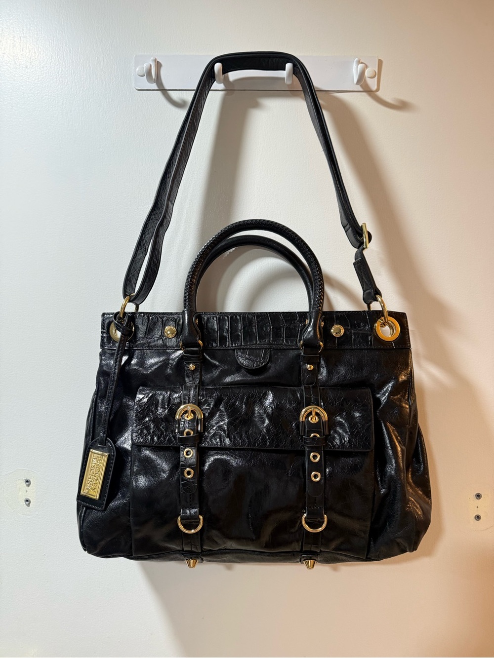 Black Leather Structured Satchel Handbag